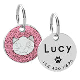 Custom Cat ID Tag Personalized Cat Name Tag Pendant Collar Engraved Cats Kitten Name Plate Accessories Paw Round Glitter Pink