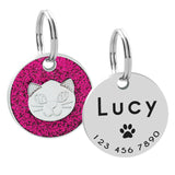 Custom Cat ID Tag Personalized Cat Name Tag Pendant Collar Engraved Cats Kitten Name Plate Accessories Paw Round Glitter Pink