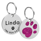 Custom Cat ID Tag Personalized Cat Name Tag Pendant Collar Engraved Cats Kitten Name Plate Accessories Paw Round Glitter Pink