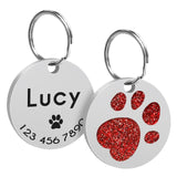 Custom Cat ID Tag Personalized Cat Name Tag Pendant Collar Engraved Cats Kitten Name Plate Accessories Paw Round Glitter Pink