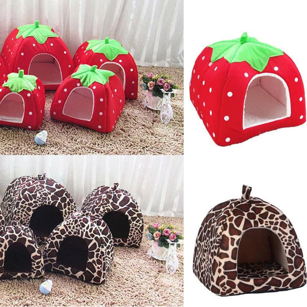 Soft Strawberry Leopard Pet Dog Cat House Tent Kennel Doggy Winter Warm Cushion Basket Animal Bed Cave Pet Products Supplies