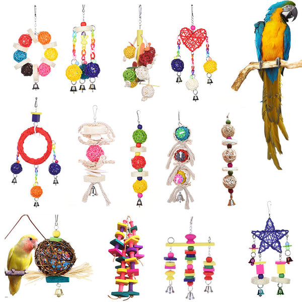 10 Styles Parrot Toys Wood Birds Standing Chewing Rack Toys Bead Ball Heart Star Shape Parrot Toy Bird Toys Accessories Supplies